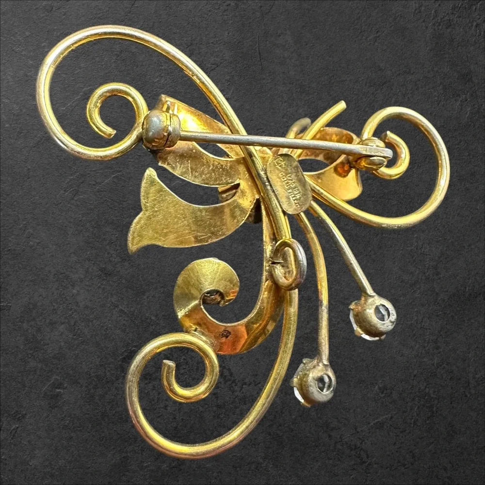 Vtg I. Michaelson MC Mid Century Brooch 12K Gold Filled Rhinestone Bow Ribbon